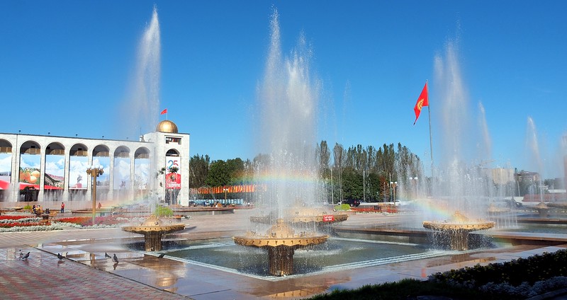 Views from Ala-Too Square on a gorgeous sunny day with a rainbow in Bishkek, Kyrgyzstan 